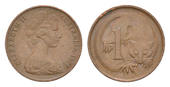 Австралия 1 цент 1977 Елизавета II (1952-2022), молодой портрет, опоссум KM 62 бронза 4585-517