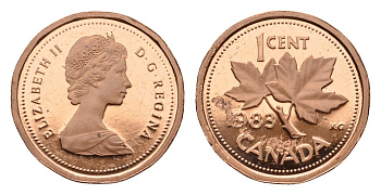 Канада 1 цент 1983 Елизавета II (1952-2022), кленовый лист KM 132 бронза PROOF 413-3011