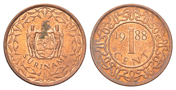 Суринам 1 цент 1988 редкий год KM 11b сталь плакированная медью UNC 4625-259