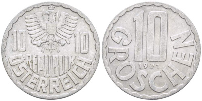 АВСТРИЯ 10 ГРОШЕЙ 1971 KM 2878 алюминий 4523-227