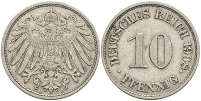 Германия 10 пфеннигов 1908 J KM 12, Jager 13, Weege 8 медно-никель 219-144