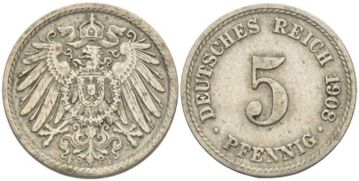 Германия 5 пфеннигов 1908 F KM 11, Jager 12, Weege 6 медно-никель 105-133