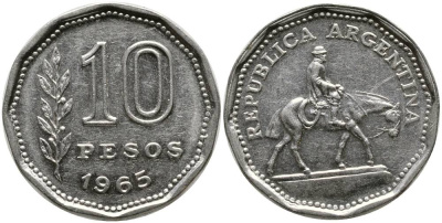 Аргентина 10 песо 1965 Гаучо KM 60 никелированная сталь 4525-945