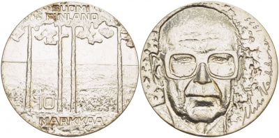 Финляндия 10 марок 1975 S-H, 75 лет президенту Урхо Кекконену KM 54 серебро UNC 1515-1625