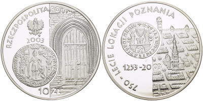 Польша 10 злотых 2003 MW, 750 лет городу Познань (1253-2003) KM 448 серебро PROOF 1080-9-62