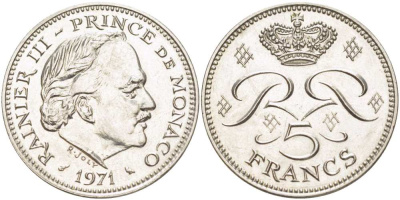 Монако 5 франков 1971 Ренье III (1949-2005) KM 150 медно-никель плакированный никелем XF 4517-322