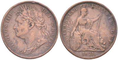 Великобритания 1 фартинг 1821 Георг IV (1820-1830) KM 677, Spink 3822 медь 4613-353