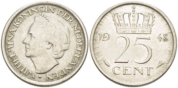 НИДЕРЛАНДЫ 25 ЦЕНТОВ 1948 ВИЛЬГЕЛЬМИНА (1890-1948) KM 177 никель 211-621