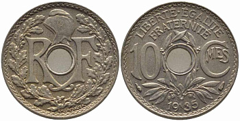ФРАНЦИЯ 10 САНТИМОВ 1935 ТИП ЛИНДАЙЁ KM 866а, LE FRANC 138.22 медно-никель 108-224