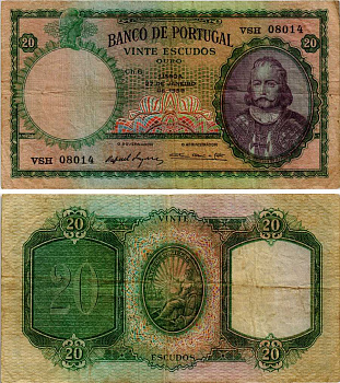Португалия 20 эскудо 1959 27 января 1959, Антониу Луис де Менезес, 1-й маркиз Мариалва Pick 153b бумага 6281-25-3-1
