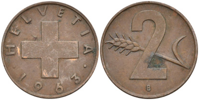 Швейцария 2 раппена 1963 В KM 47 бронза 4591-1251