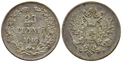 Россия для Финляндии 25 пенни 1916 S, Николай II (1894-1917) KM 6.2, Биткин 421 серебро 633-143