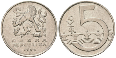 Чехия 5 крон 1994 KM 8 сталь плакированная никелем 4616-1235