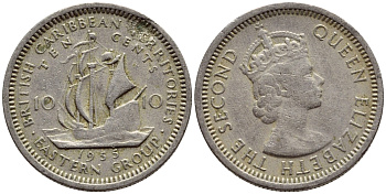 Британские Восточно-Карибские территории 10 центов 1955 Елизавета II (1952-2022), парусник KM 5 медно-никель 4387-221