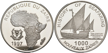 Заир 1000 новых заиров 1997 мореплавание, Португальская каравелла (парусник), тираж 20000 экз. KM 24 серебро PROOF 00-000-00