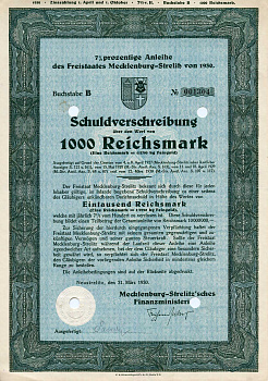 Германия 1000 рейхсмарок 1930 Земля Мекленбург-Стрелиц 7% долговых обязательств, облигация   бумага   8801-112-1