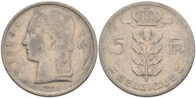 БЕЛЬГИЯ 5 ФРАНКОВ 1958 BELGIQUE KM 134.1 медно-никель 92-357