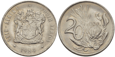 ЮАР 20 центов 1984 герб, цветок протея KM 86  никель UNC 67-455