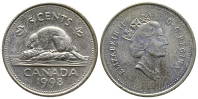 КАНАДА 5 ЦЕНТОВ 1998 ЕЛИЗАВЕТА II, БОБЕР KM 182 медно-никель 4364-2642