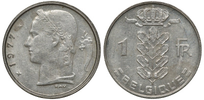 БЕЛЬГИЯ 1 ФРАНК 1977 KM 143.1 медно-никель 72-1063