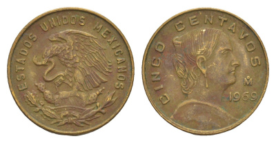 Мексика 5 сентаво 1969 Жозефа Ортис де Домингес KM 426 латунь 4655-1045