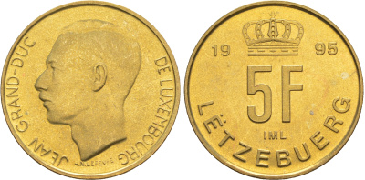 Люксембург 5 франков 1995 Великий герцог Жан (1964-2000), тираж 10.000 экземпляров KM 65 алюминиевая бронза  BU  4635-1225