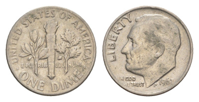 США 1 дайм (10 центов) 1967 президент Рузвельт KM 195a медь плакированная медно-никелем 4649-1259