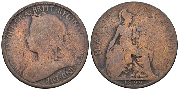 Великобритания 1/2 пенни 1899 Виктория (1837-1901) KM 789, Spink 3962 бронза 4610-636