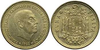 Испания 1 песета 1966 (74) Франсиско Франко (1939-1975) KM 796 алюминиевая бронза 4171-445