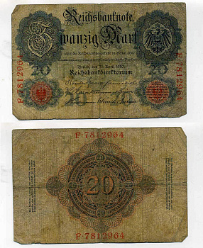 ГЕРМАНИЯ 20 МАРОК 1910 7 значный номер Pick 40 b бумага 6283-51-3