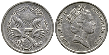 АВСТРАЛИЯ 5 ЦЕНТОВ 1992 ЕЛИЗАВЕТА II, ВТОРОЙ ПОРТРЕТ В КОРОНЕ, ЕХИДНА KM 80 медно-никель 84-911