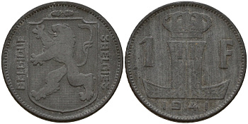 Бельгия 1 франк 1941 Belgique - Belgie, Леопольд III (1934-1947), германская оккупация, Вторая мировая война KM 127 цинк 4161-415