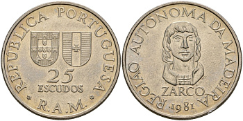 Португалия, Мадейра 25 эскудо 1981 автономная область Мадейра KM 4 медно-никель 4587-1246