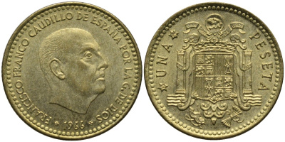Испания 1 песета 1966 (74) Франсиско Франко (1939-1975) KM 796 алюминиевая бронза 4171-445