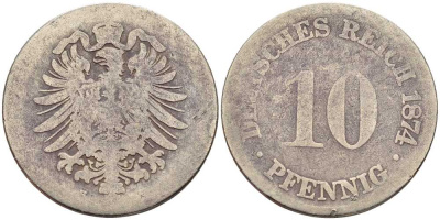 ГЕРМАНИЯ 10 ПФЕННИГОВ 1874 H, СТАРОГЕРБОВКА KM 4, J. 4 медно-никель 4401-232
