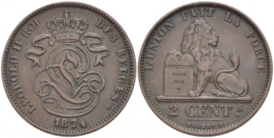 БЕЛЬГИЯ 2 САНТИМА 1874 BELGES KM 35.1 медь 110-147