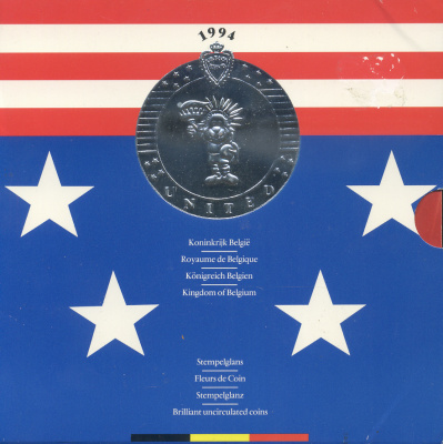 Бельгия набор из 10 монет + жетон 1994 Belgie-Belgique, чемпионат мира по футболу 1994 года В США, в оригинальном картонном буклете KM MS 7 UNC 6-6-2-18