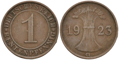 Германия 1 рентенпфенниг 1923 G KM 30, J. 306 бронза 4516-1067