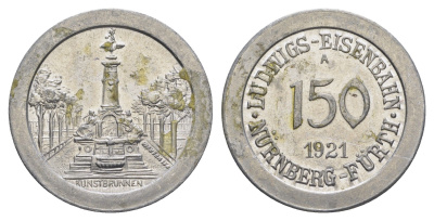 Нюрнберг - Фюрт 150 пфеннигов 1921 юбилейный жетон железной дороги - художественный фонтан алюминий aUNC 4548-452