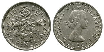 Великобритания 6 пенсов 1967 Елизавета II (1952-2022) KM 903, Spink 4149 медно-никель 4381-911