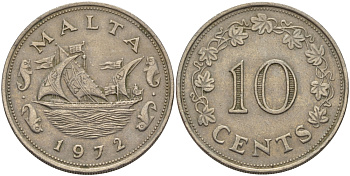 Мальта 10 центов 1972 баржа Великого магистра KM 11 медно-никель 82-521