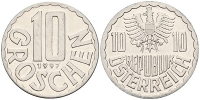 Австрия 10 грошей 1997 KM 2878 алюминий 4152-517