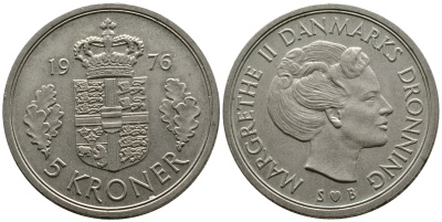 ДАНИЯ 5 КРОН 1976 S; B, МАРГРЕТЕ II (1972-) KM 863.1 медно-никель UNC 3334-324