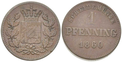 Бавария 1 пфенниг 1860 Максимилиан II (1848-1864) КМ 471 медь 201-246