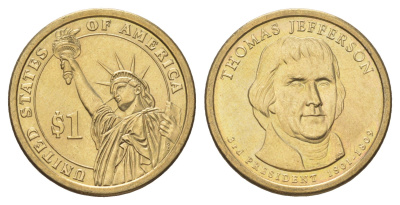 США 1 доллар 2007 D, Президент США - Томас Джеферсон (1801-1809) KM 403 медь с марганцево-латунным покрытием UNC 4629-235