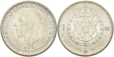 Швеция 1 крона 1946 TS, Густав V (1907-1950) KM 814 серебро UNC 3457-325