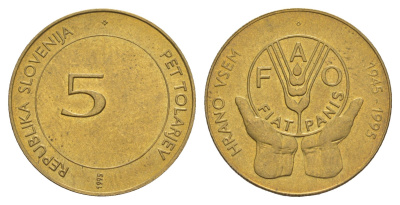 Словения 5 толаров 1995 50 лет Победы над фашизмом и нацизмом KM 22 латунь UNC 4660-141