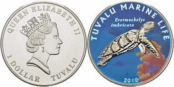 Тувалу 1 доллар 2010 морская черепаха, цветная эмаль KM NEW серебро PROOF 1078-9-24