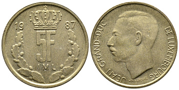 Люксембург 5 франков 1987 Великий герцог Жан (1964-1999) KM 60.1 латунь 4364-1154