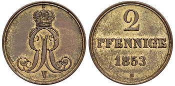 Брауншвейг-Каленберг-Ганновер 2 пфеннига 1853 B, Георг V (1851-1866) KM 217,aKS 152, J. 84 медь 4142-144